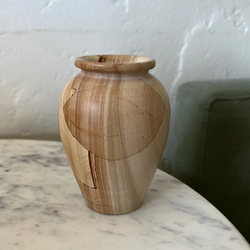 Vintage heavy small stone vase tan beige